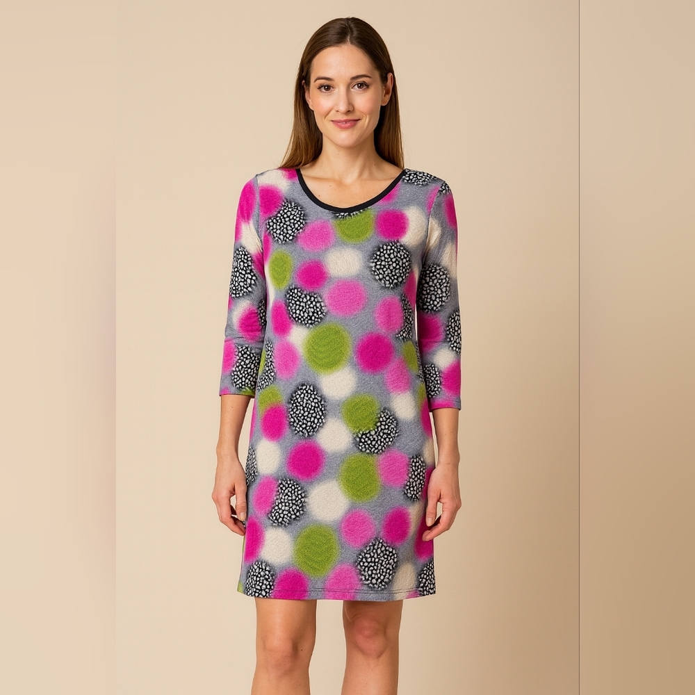 Colorful Patterned Pink Black And Green Long Sleeve Dress Size XL